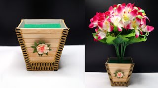 Cara mudah membuat vas bunga dari stik es krim ! Simple flower vase popsicle stick craft