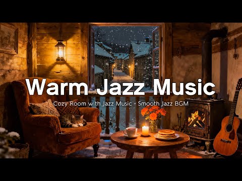 Warm Jazz Cabin Cozy Living Nook With Jazz Piano Instrumenatl Winter Fireplace Snowy Ambience 