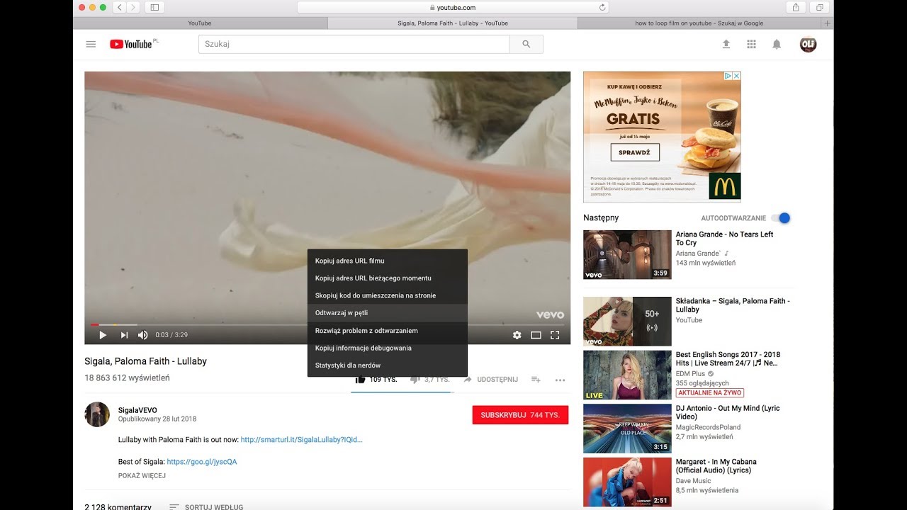 How to loop film on YouTube?