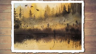 Watercolor Painting Foggy Landscape - A Beautiful Sunrise Scene for Beginners