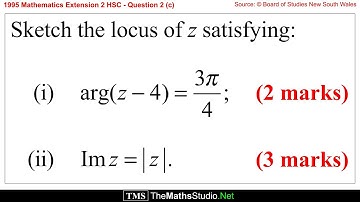 1995 Maths Extension 2 HSC Q2c Sketch locus of arg(z-4)=3pi/4 & Im(z)=mod(z) on Argand diagram