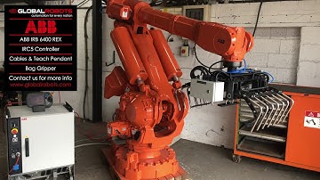 Global Robots refurbished ABB IRB 6400R robot with an IRC5 controller, fitted with a finger gripper.