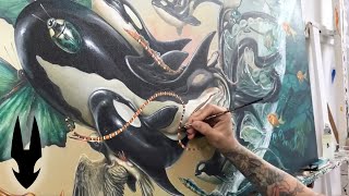 Orcas, Octopuses, ​and fish collide in this detailed acrylic painting “Procession”