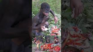 primitive kh-Cooking Squid&amp;Shrimp On A Rock For Food In Jungle highlight