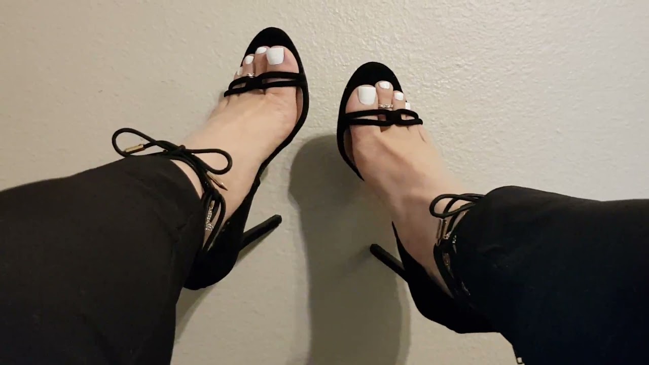 Crossdresser feet up in the air white toenails ankle strap high heels ...