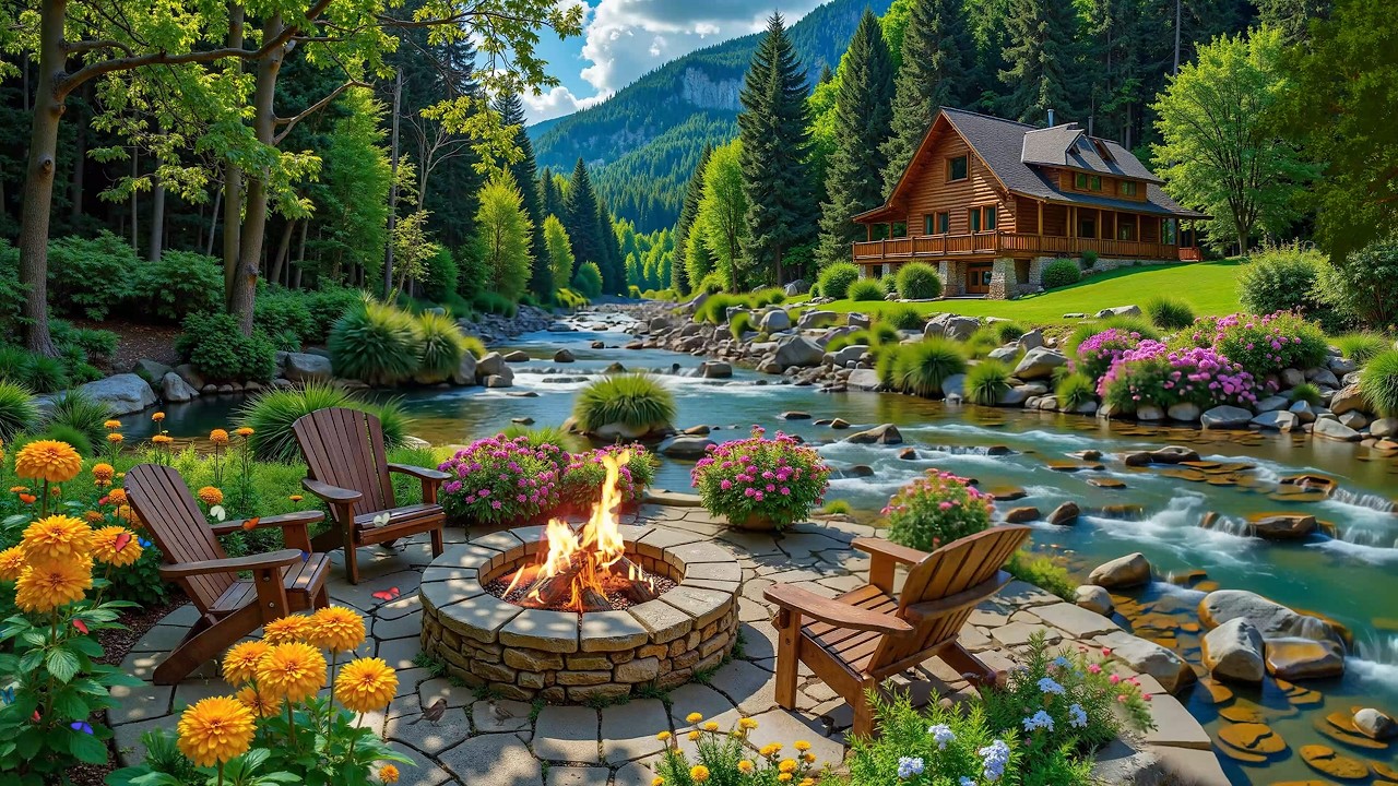 Gentle Piano Music & Cozy Fireplace Sounds for Spring Day 🌺🔥Cozy Lakeside Cabin with Birdsong