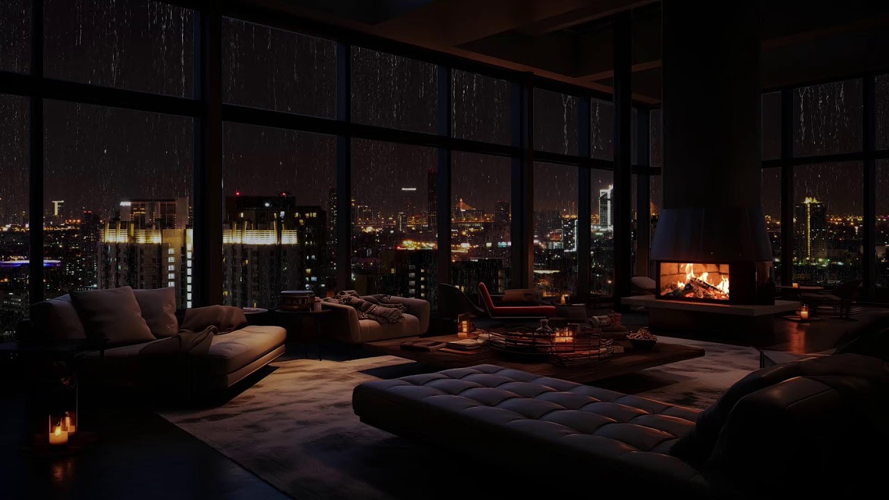Kaminfeuer und Regengeräusche in einem ruhigen Stadtzimmer für Schlaf und Entspannung 🌧️🔥
