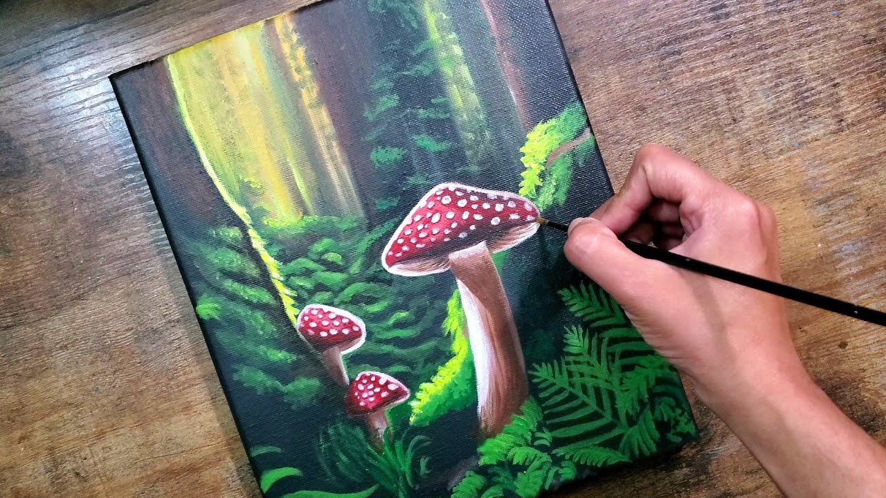 How to Paint Mushrooms in a Greenery Background | Easy Acrylic Painting ...