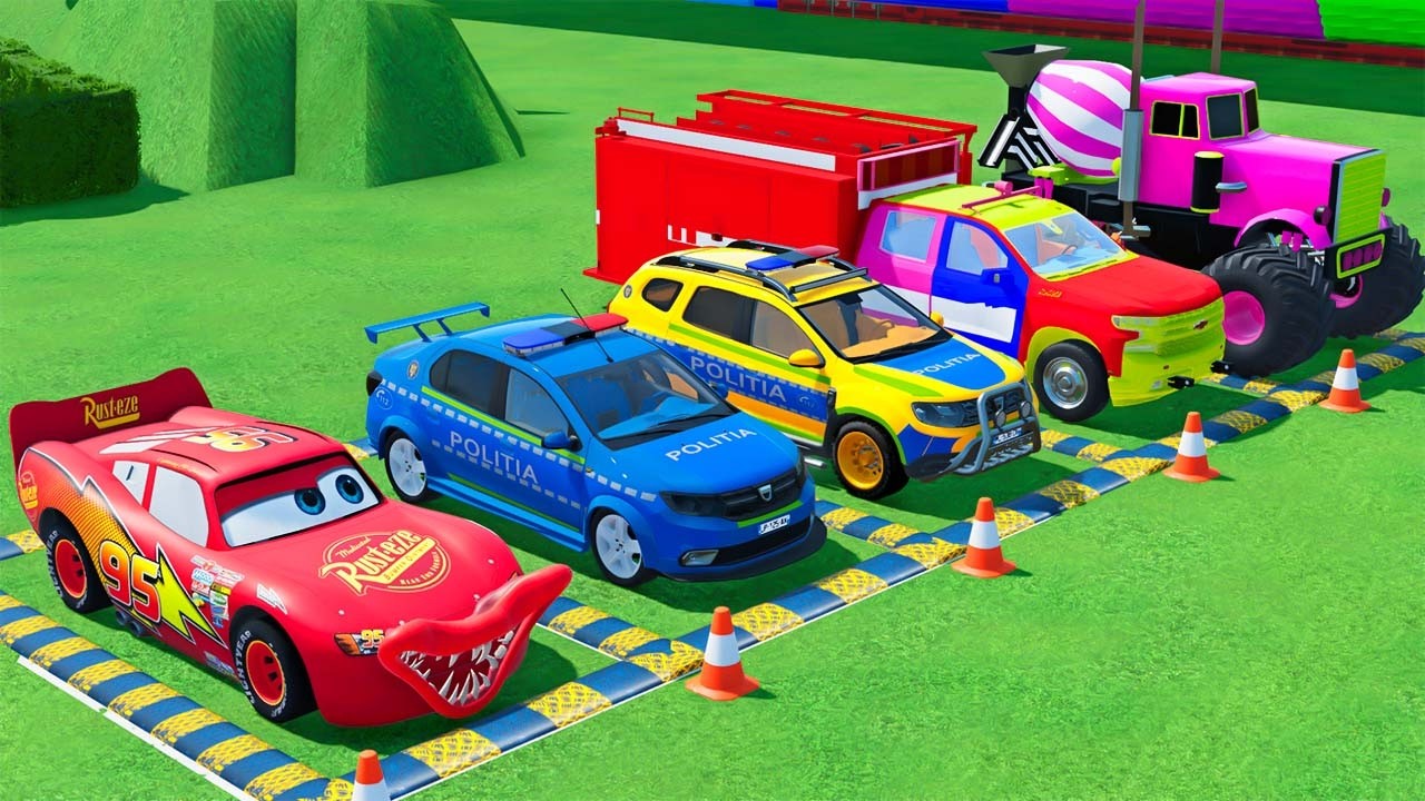 Double Flatbed Trailer Truck vs speedbumps |Police car vs speedbumps | Beamng Drive | #163