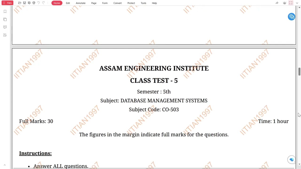 DATABASE MANAGEMENT SYSTEMS | CLASS TEST 1, 2, 3, 4, 5, 6, 7, 8, 9, 10 | 2025