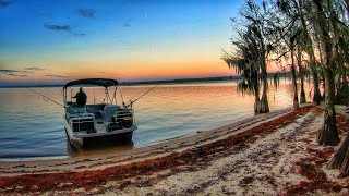 Solo overnight beach camping on a remote island bank fishing pontoon boat