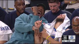 Details Jimmy Butler puts his injured leg on the seat, as Sidy hustles for the ball, then laughs with Curry Update