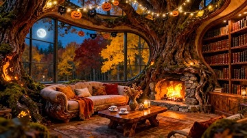 🎃 Fireplace & Autumn Forest Sounds 🔥 Crackling Fire (3 Hours)🌕Cozy Treehouse Fireplace