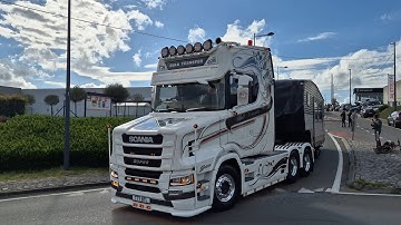 Truckshow Ciney 2024. Departure beautiful showtrucks. V8 open pipes sounds