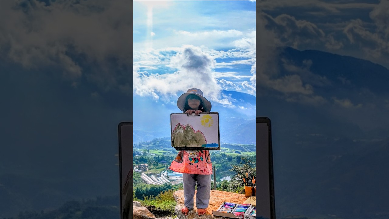 Nature Painting by 6-y/o Kid Artist Mia Mai | Relaxing Acrylic Art | Mountains & Flowers #Shorts