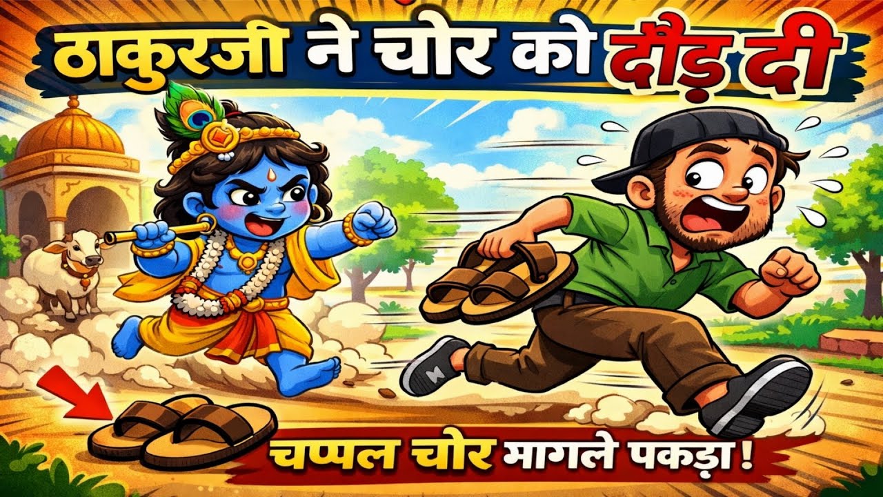 ठाकुर जी के भक्त की चोर चप्पल चोरी करके भाग रहा था तभी ठाकुर जी उस चोर को दौड़ दीए