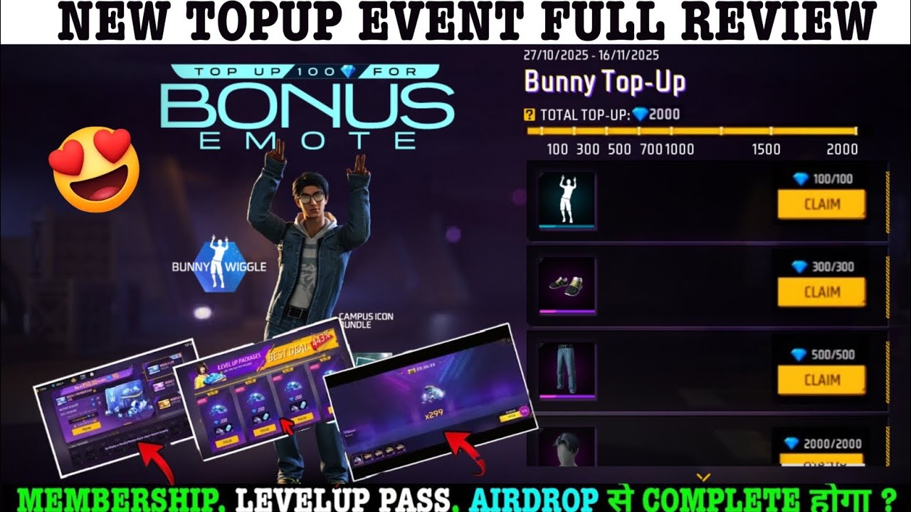 Bunny Wiggle Emote Topup Event Level Up, Weekly, Airdrop Se Complete Hoga FF New Topup Event Kaisa H