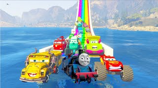 GTA 5 Super MEGA Stunt Monster McQueen Cars 3 Tow Mater Miss Fritter and Thomas Train