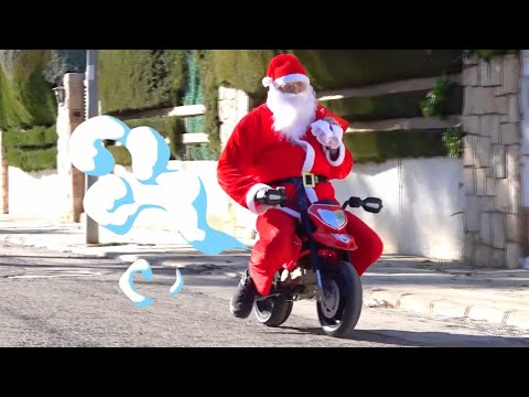 Santa on a bike gives gifts