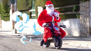 santa on a bike gives gifts