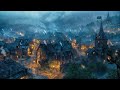 Medieval city night ambience  relaxing heavy rain  thunderstorm sounds blacksmiths white noise