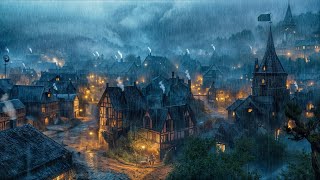 Medieval City Night Ambience | Relaxing Heavy Rain & Thunderstorm Sounds, Blacksmiths, White Noise