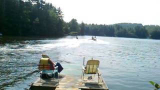 Water skiing beach start with one ski