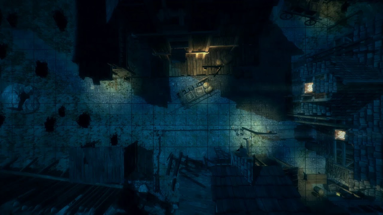 D&D Animated Encounter Battle Map - Graveyard Town Square Nighttime Grid