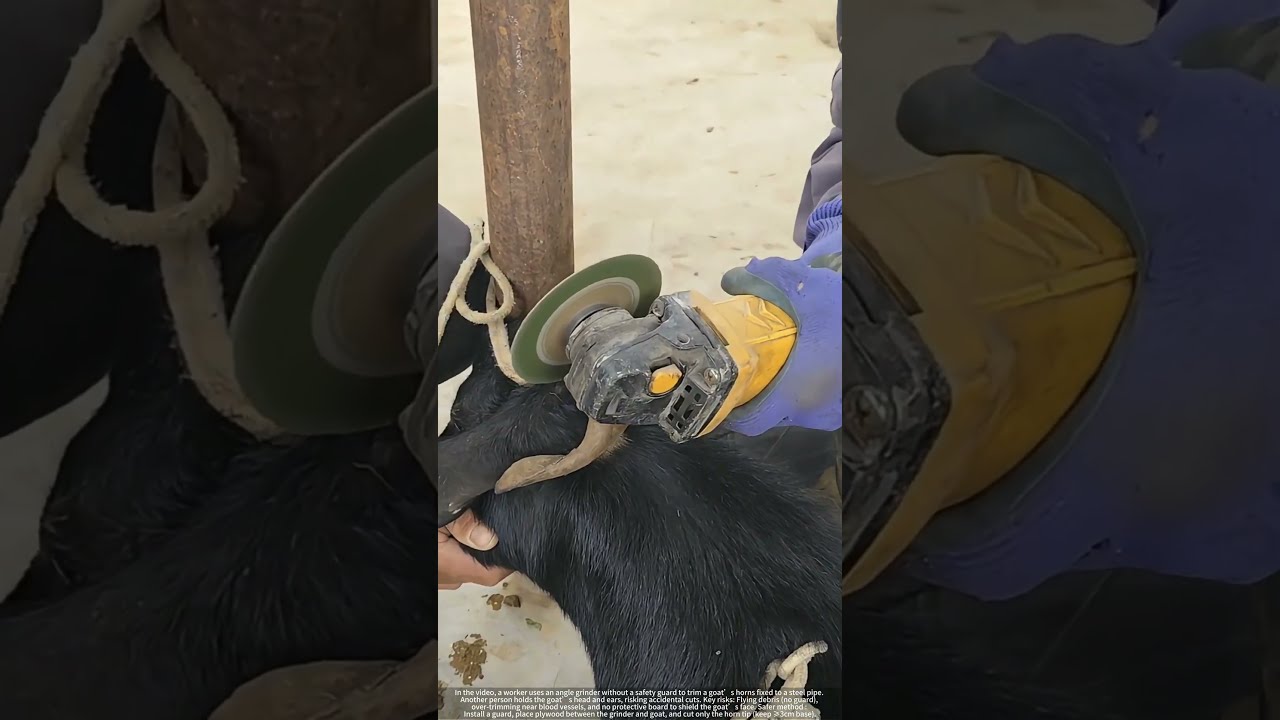 Risky Horn Trimming : Unguarded Angle Grinder on Restrained Goat