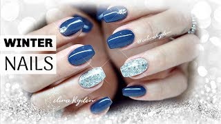 TUTORIAL | WINTER NAILS GEL OVERLAY - BLUE AND SILVER GLITTER | SHORT COFFIN / BALLERINA