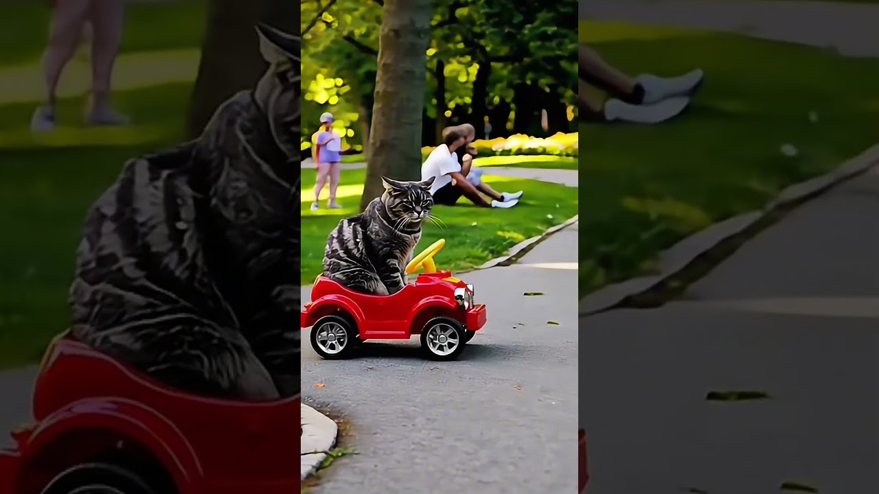 Meow Meow drives the toy car in the park 
