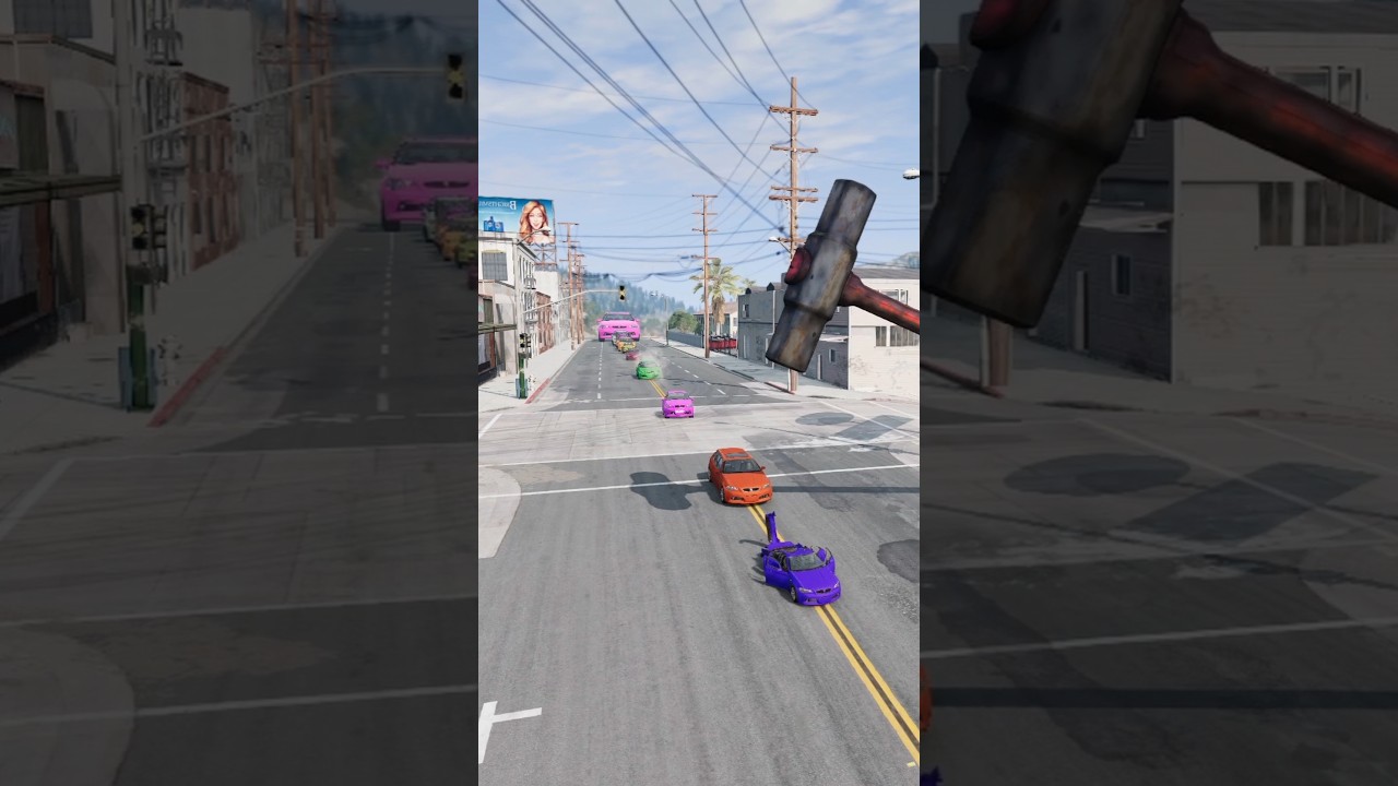 Big & Small Colorful Cars vs Giant Hammer 