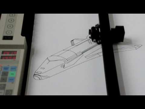 Roland DXY-1300 pen plotter drawing the AutoCAD Space Shuttle DWG from 1985