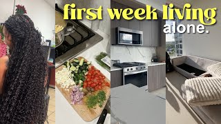 FIRST WEEK LIVING ALONE IN MY NEW APARTMENT | ORGANIZING, GROCERY SHOPPING, COOKING + FINDIN ROUTINE