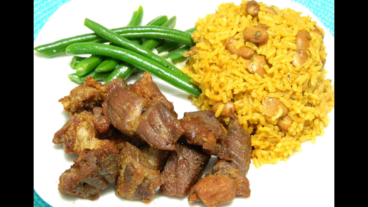 How To Make Puerto Rican Carne Frita With Arroz Con Habichuelas - 