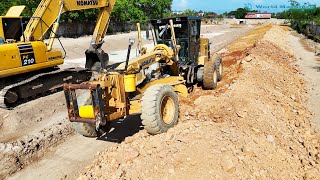 Nice Action Grader Spreading Rocks Soil Making Village Roads | Grader trimming gravel building roads