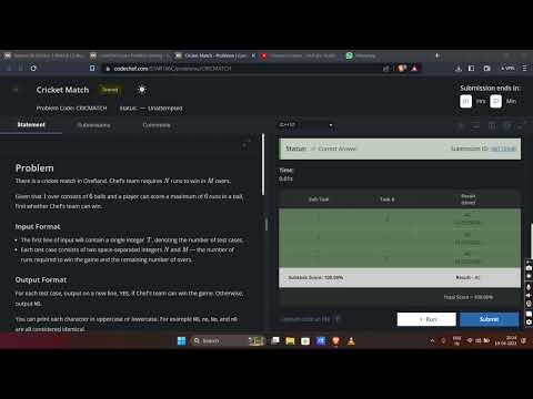 ||cricket match | | Codechef Contest Solution |  Starters 86 Solution