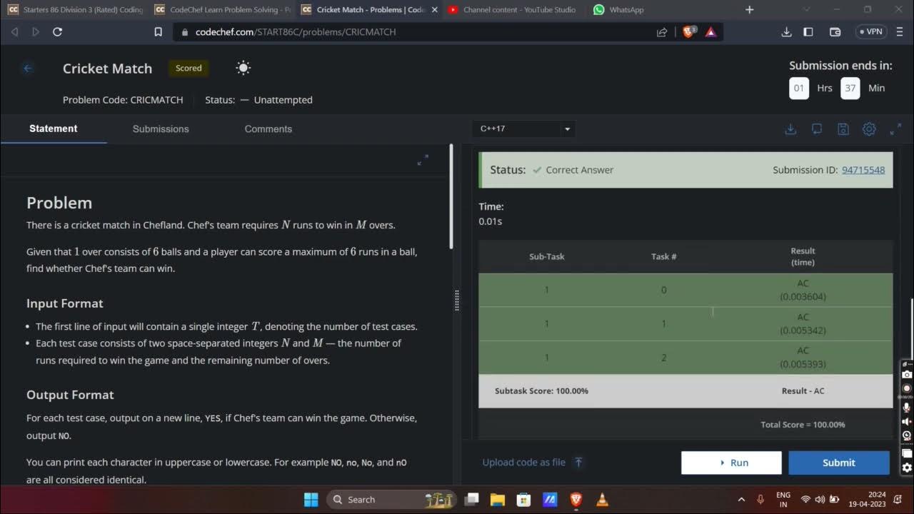 cricket match Codechef Contest Solution Starters 86 Solution