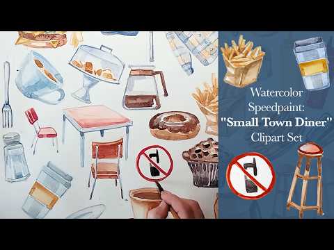 Small Town Diner Watercolor Clipart, a Decorative Illustration by ArtCreationsDesign (Thumbnail 2 of 5)