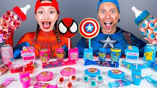 🔥Mukbang Giant Color Bottles Jelly drink 컬러 보틀 캔디 젤리 먹방 with Superheroes by KIKIMO