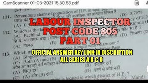Hpssc Labour Inspector Post Code 805 Answer Key Exam Held On 3 January 2021 Part-01