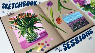 filling a sketchbook spread with gouache  relaxing paint with me and art chats