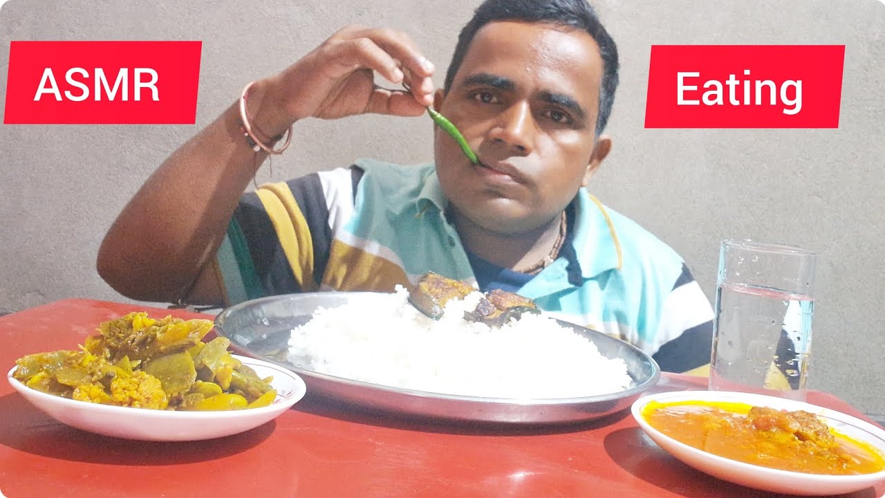 Indian mukbang eating show /brinjal baja tomato fish curry simbaji rice ...