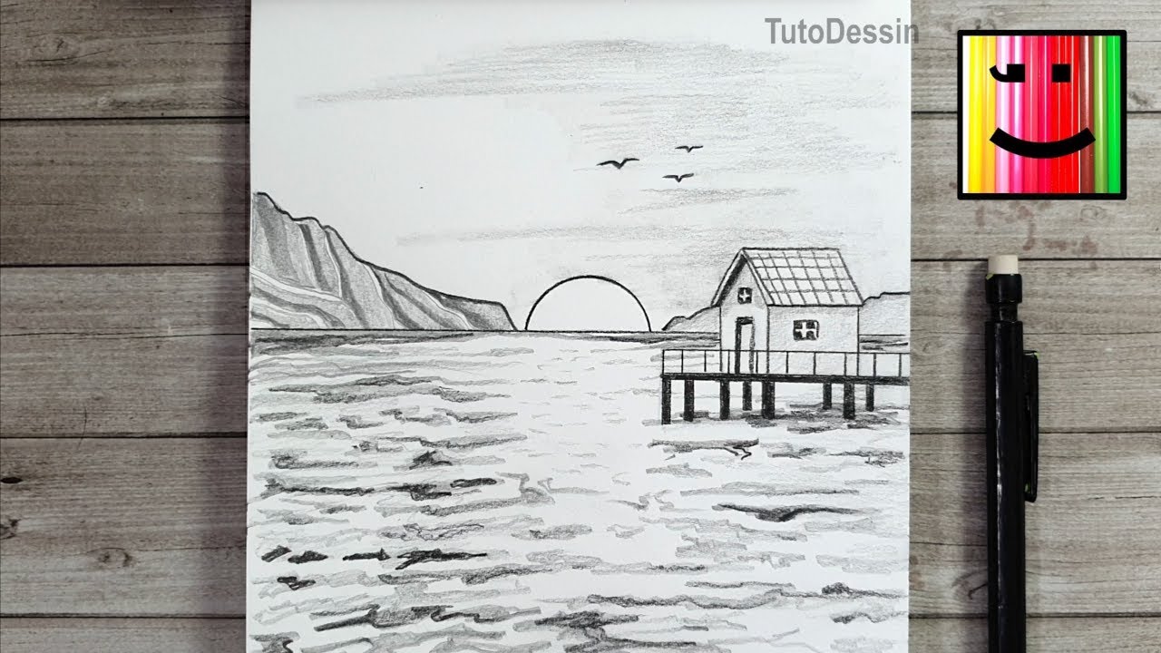 Comment dessiner une jolie maison au bord d’un lac au crayon de papier