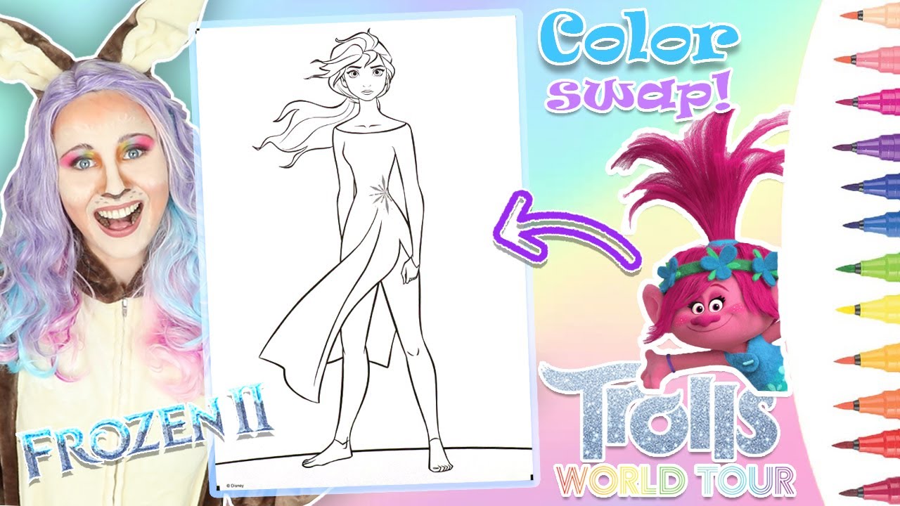 COLORING QUEEN ELSA COLOR SWAP TO POPPY | Trolls World Tour Coloring Page X Frozen 2 Coloring Page