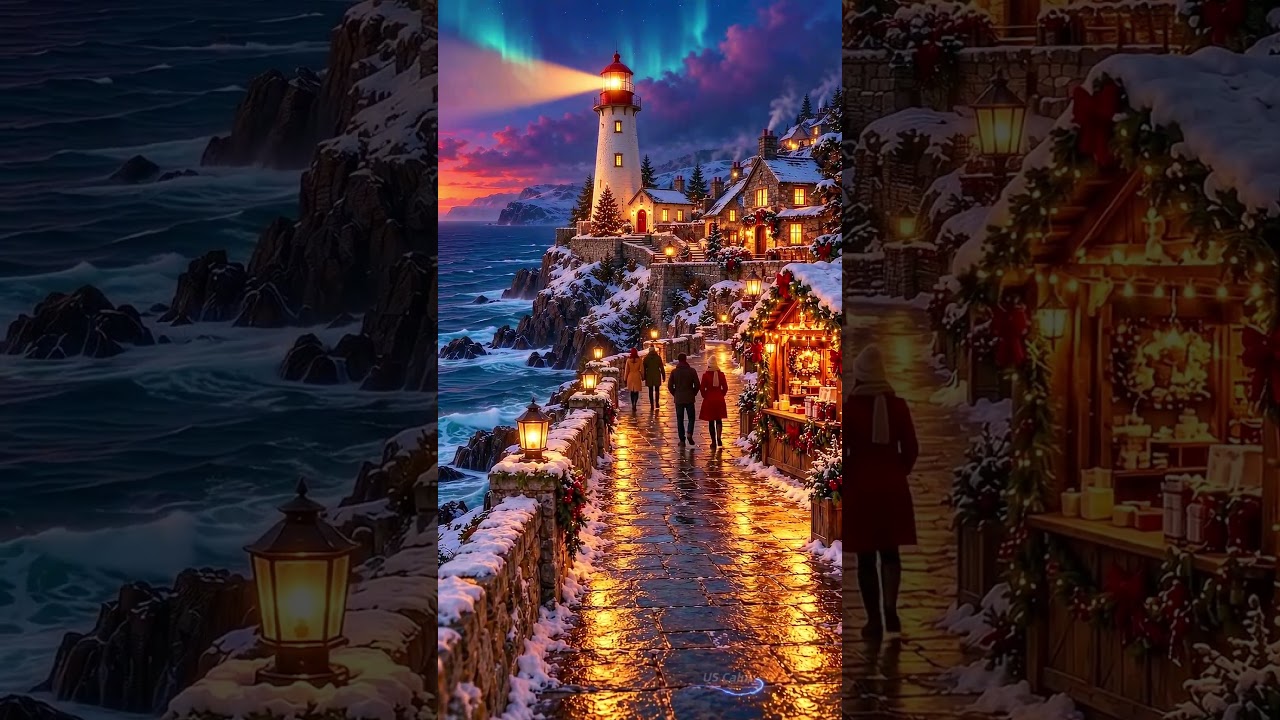Christmas Lighthouse Village ❄️ Snowfall, Coastal Cottages & Golden Lights