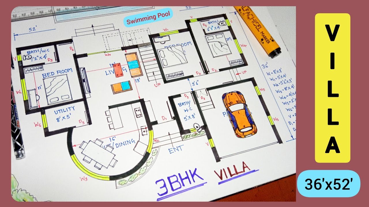 luxurious villa house plan | 3BHK 36'x 52' villa house with swimming pool and garage | villa design