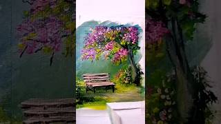 Painting bench in cherry blossom tree / Acrylic on canvas Landscape #art #drawing #diy #artandcraft