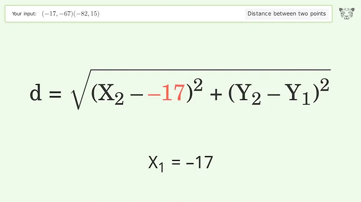 Find the distance between two points p1 (-17,-67) and p2 (-82,15): Step-by-Step Video Solution