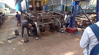 ICF bogie frame lifting and removing shims for sending it to workshop for IOH
